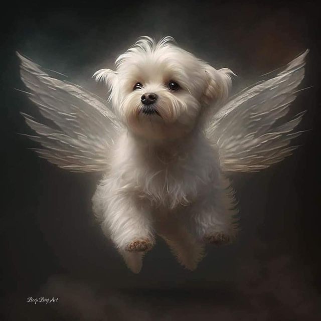 a white dog flying through the air with wings