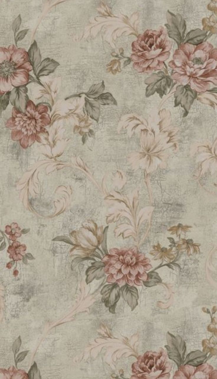 a floral wallpaper with pink flowers and leaves on grey background, suitable for use in interior design