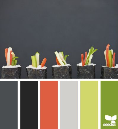 carrots, celery and other vegetables are arranged in small pots with color swatches