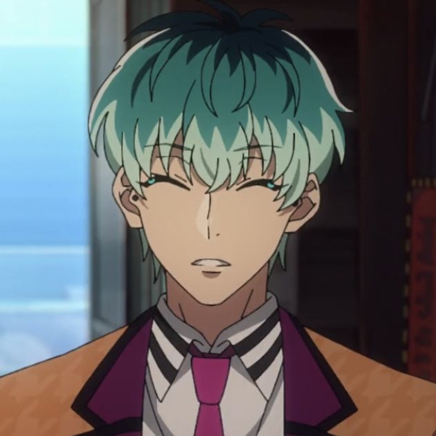 an anime character with green hair wearing a tie and looking at something in the distance