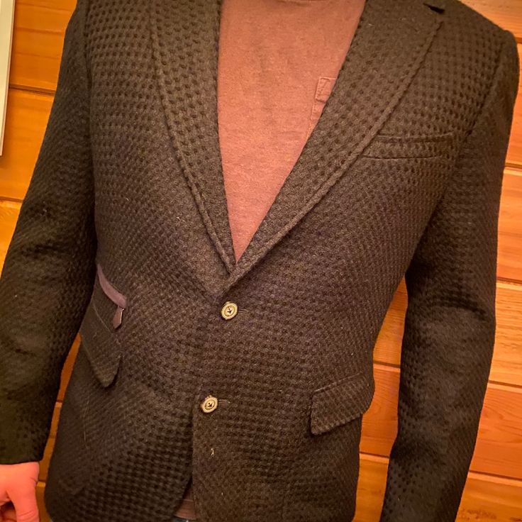 Was Originally $800. As You Can See The Jacket Is Minimally Worn But No Longer Fits. The Jacket Has No Damage And Is A Beauotful Texture Designer Black Blazer With Welt Pockets, Black Tweed Jacket For Semi-formal Winter Occasions, Luxury Black Blazer With Welt Pockets, Black Luxury Blazer With Welt Pockets, Designer Black Outerwear With Hidden Button Closure, Designer Black Blazer With Notch Lapel, Designer Black Outerwear With Hidden Buttons, Designer Black Blazer With Hidden Buttons, Designer Black Wool Blazer