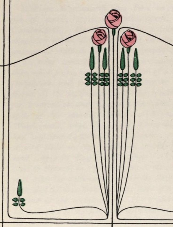 an art nouveau design with pink flowers in the center and green stems on each side