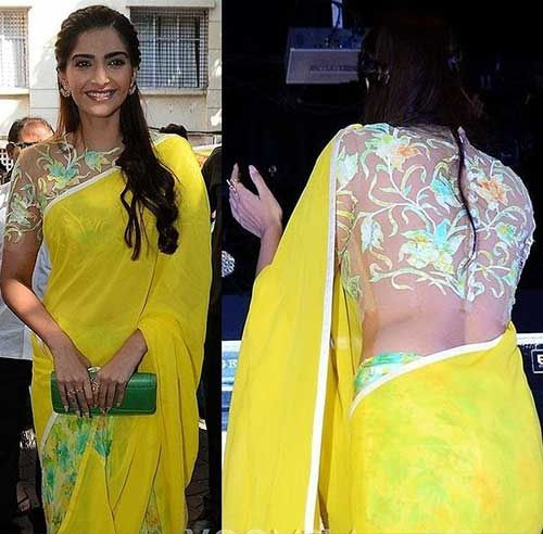 Plain Saree With Designer Blouse Ideas - Yellow Chiffon Saree With A Sheer Blouse Plain Saree And Blouse, Plain Sarees With Contrast Blouse, Saree With Stylish Blouse, Chiffon Saree Blouse Design, Plain Saree With Designer Blouse, Yellow Chiffon Saree, Saree With Embroidery Blouse, Plain Saree With Heavy Blouse, Designer Blouse Ideas