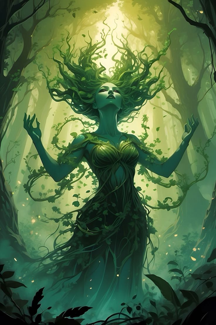 a woman with green hair standing in the middle of a forest holding her hands out