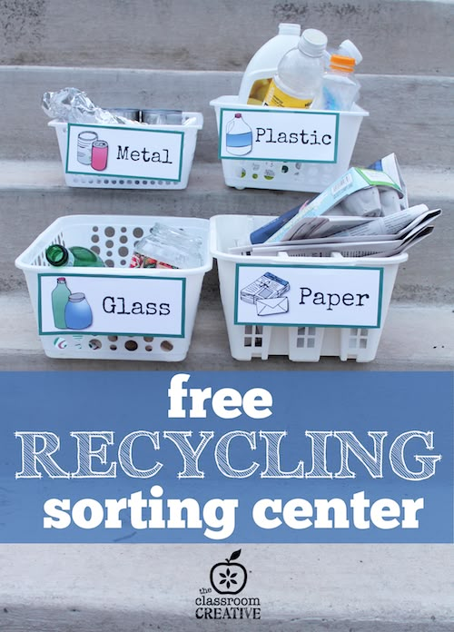 three plastic containers with free recycling sorting center labels