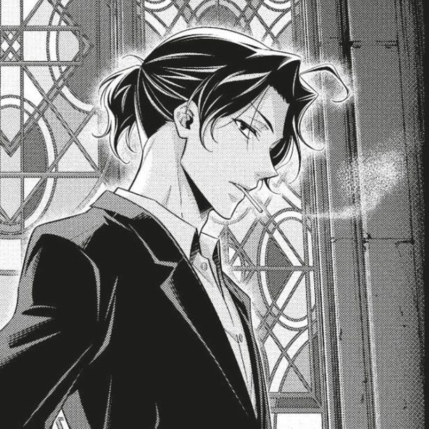 an anime character is standing in front of a stained glass window with his hand on his chin