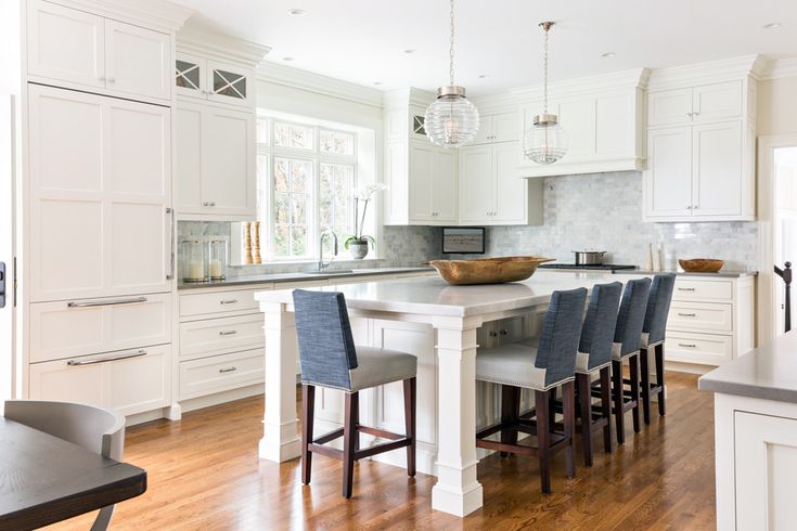 a large kitchen with white cabinets and an island in the middle is surrounded by blue bar stools