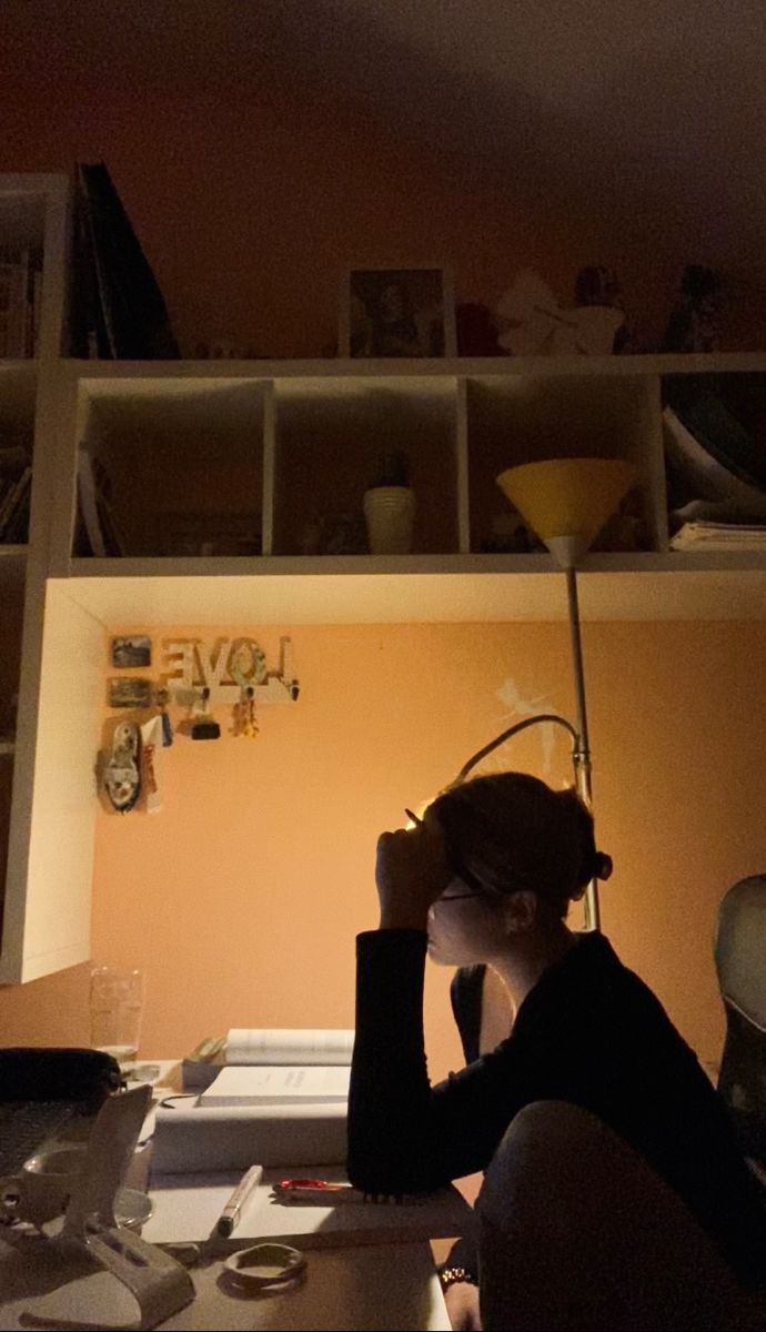 a woman sitting in front of a laptop computer on top of a desk next to a book shelf