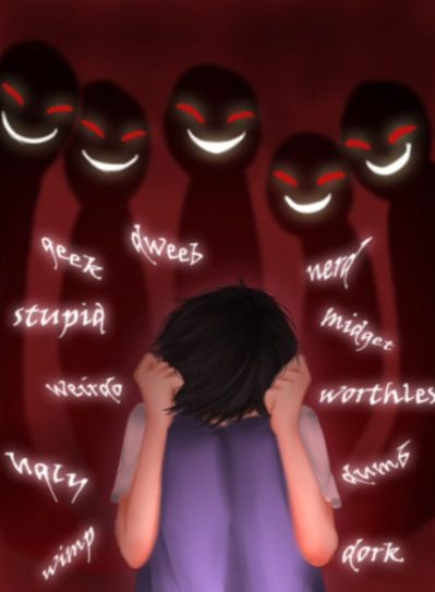 a girl with her head in her hands, surrounded by alien heads and words written all over her face