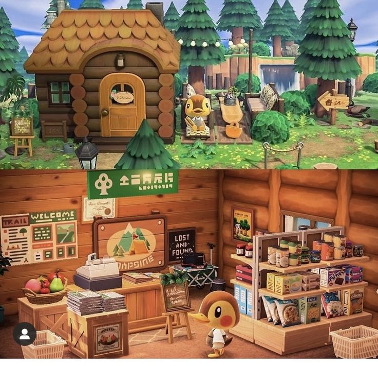 two screens showing the same scene in animal crossing, and an image of a small wooden cabin