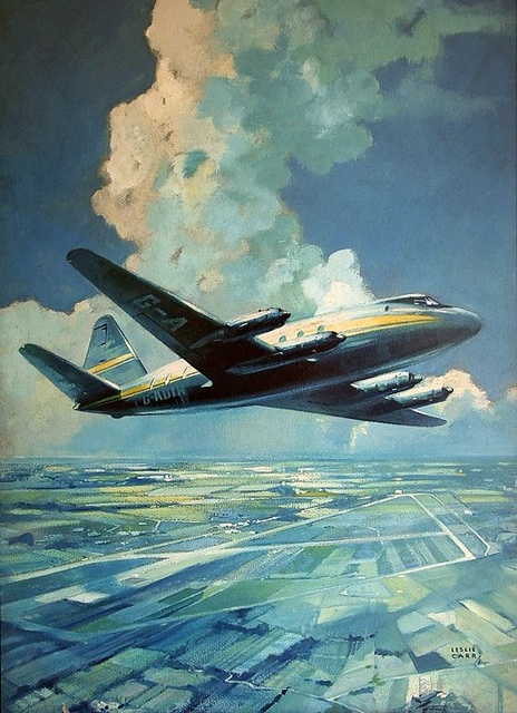 a painting of an airplane flying over the ocean with another plane in the sky above it