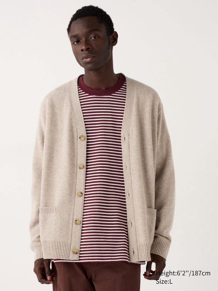 Lambswool Cardigan | UNIQLO US Oversized Sweater With Pockets For Daywear, Oversized Daywear Sweater With Pockets, Oversized Button-up Sweater For Everyday, Oversized Beige Crew Neck Cardigan, Oversized Everyday Button-up Sweater, Casual Cream Relaxed Fit Cardigan, Cream Casual Cardigan With Relaxed Fit, Classic Oversized Cardigan For Everyday, Casual Cream Cardigan With Relaxed Fit