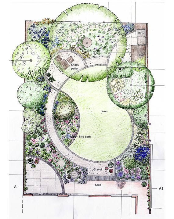 a garden design with lots of trees and plants in it, including an area for seating