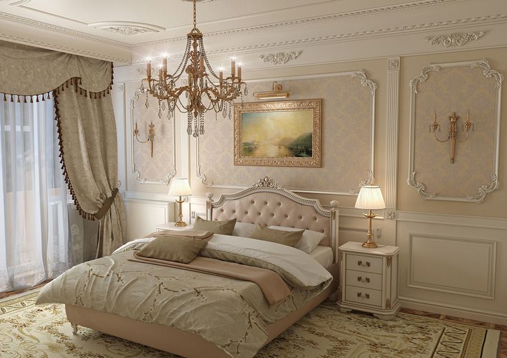 a large bed sitting in a bedroom next to a chandelier and window with curtains