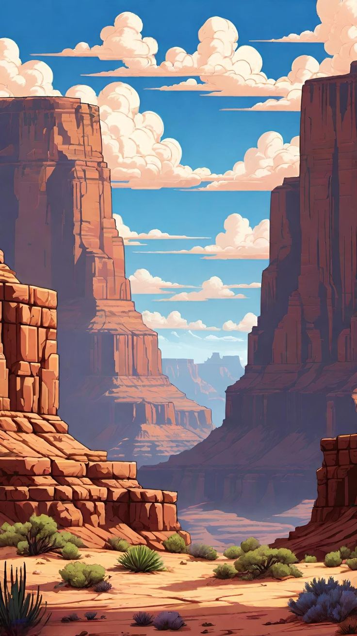 an image of a desert scene with mountains and clouds in the background, as well as blue sky