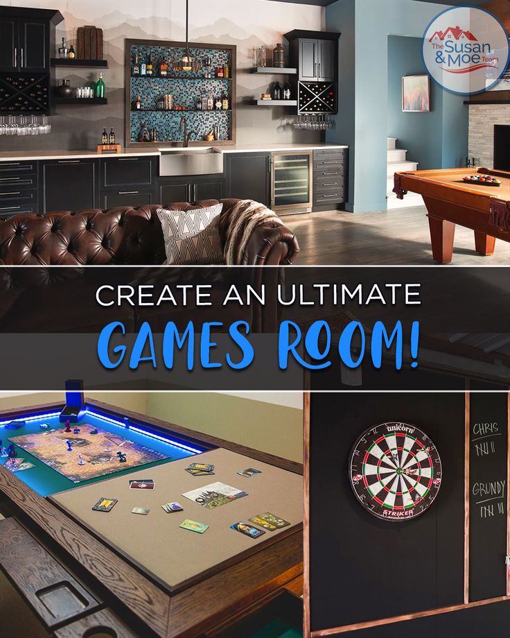 a collage of photos with the words create an ultimate game room