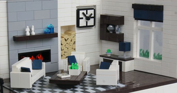 a lego living room with furniture and fireplace