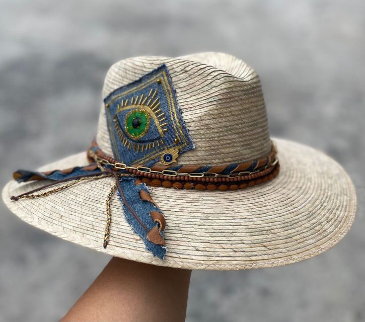 Unique palm hat embroidered by mexican artisans. Handmade of straw and beautifully embroidered by artisans in Mexico these hats are a must have if you want to stand of from the rest. They have an elastic band inside at the rim that makes them very comfortable and be worn from small to medium sizes. Dimensions: Small to Medium (54-55 cm *21 inches approx.) - (56-57 cm *22 inches approx.) Personalized Hats are made to order, allow 5 days  to deliver. Handmade Country Straw Hat, Handmade Country Style Straw Hat, Bohemian Festival Straw Hat With Short Brim, Casual Handmade Straw Hat For Rodeo, Handmade Casual Straw Hat For Rodeo, Handmade Straw Hats For Rodeo, Bohemian Handmade Straw Hat For Country Events, Handmade Bohemian Straw Hat For Country Events, Handmade Country Style Straw Hat For Vacation