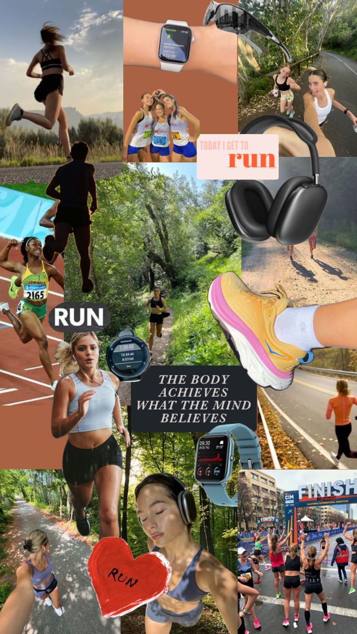 a collage of photos with people running, jogging and talking on their cell phones