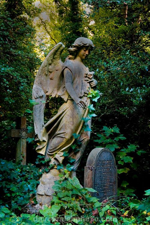 an angel statue sitting in the middle of a lush green forest next to a gravestone