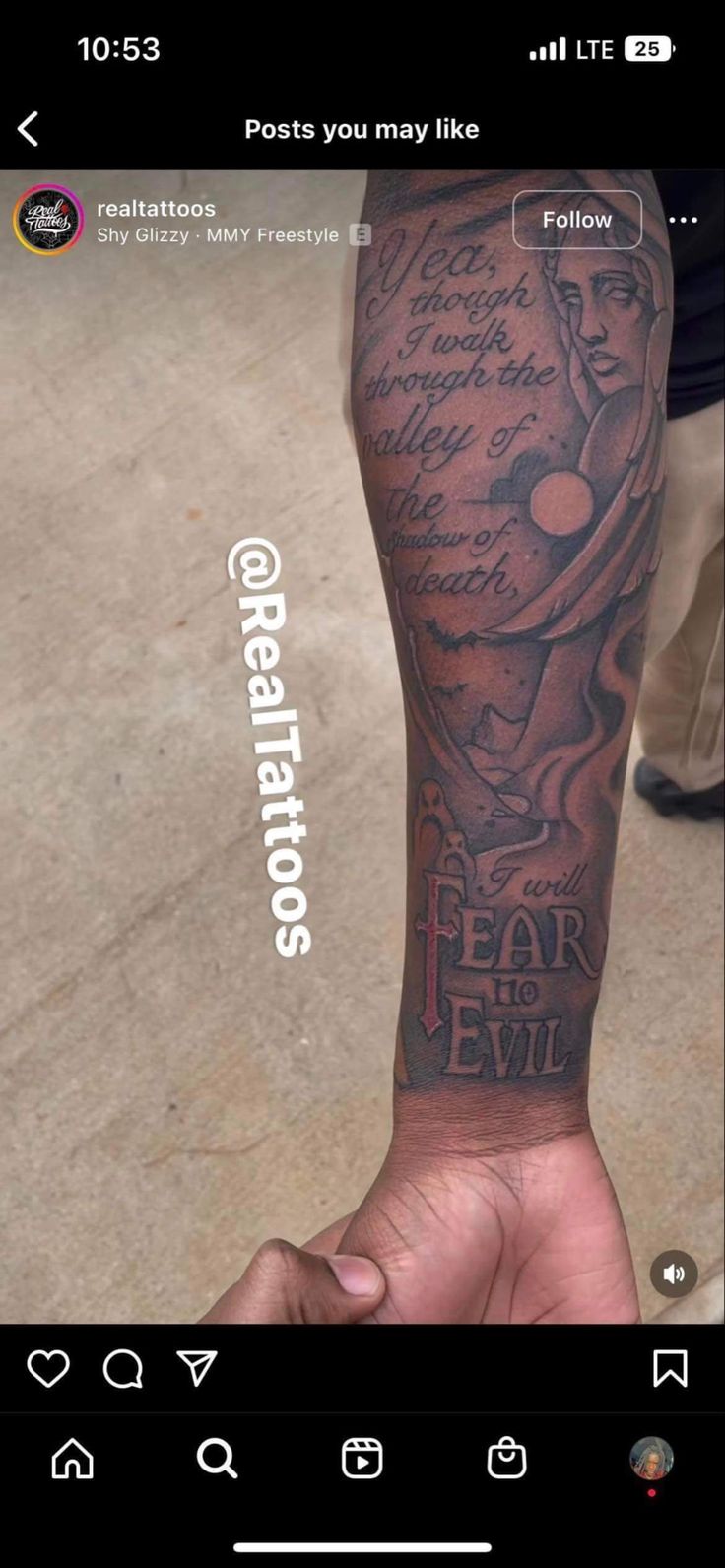 a person with a tattoo on their arm that reads fear to evil and there is also an email message