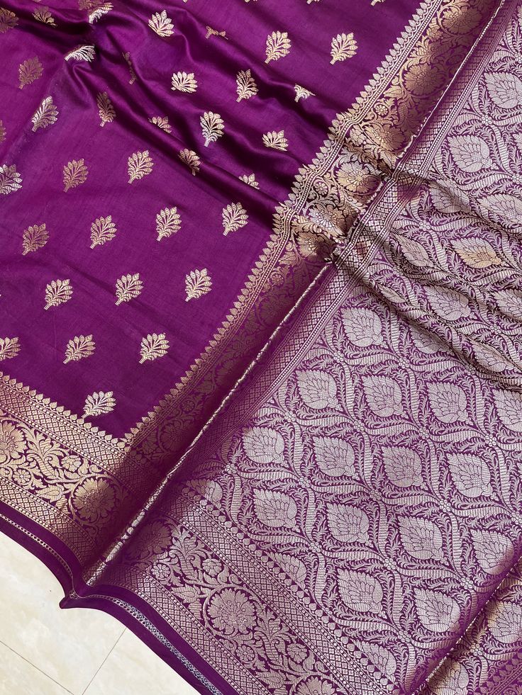 Color: purple Fabric: Pure Dupion Silk, Gold Zari Length: 6.5 mtr with blouse Handloom's assurance of purity Bra Strap Holder, Maroon Saree, Silk Banarasi Saree, Dupion Silk, Banarasi Saree, Purple Fabric, Work Sarees, Saree Look, Banarasi Sarees