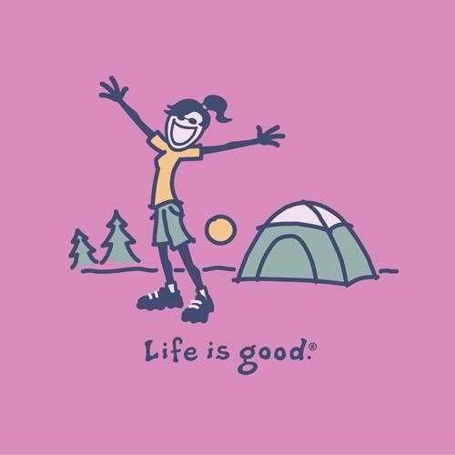 a person standing in front of a tent with the words life is good