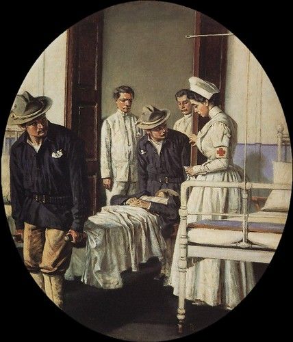 a painting of people standing around a bed