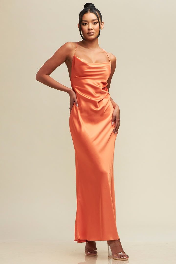 Nina Morena | Silky Satin Chain Bias Dress Orange Satin Dress Outfit, Long Tight Dresses, Flowy Silk Dress, Orange Satin Dress, Satin Dress Outfit, Orange Silk Dress, Burn Orange, Peach Orange Color, Bias Dress