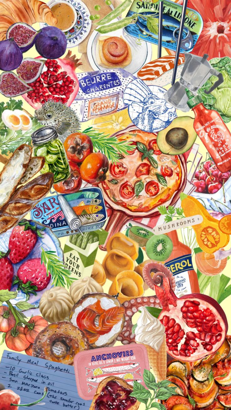 a painting of many different foods and vegetables