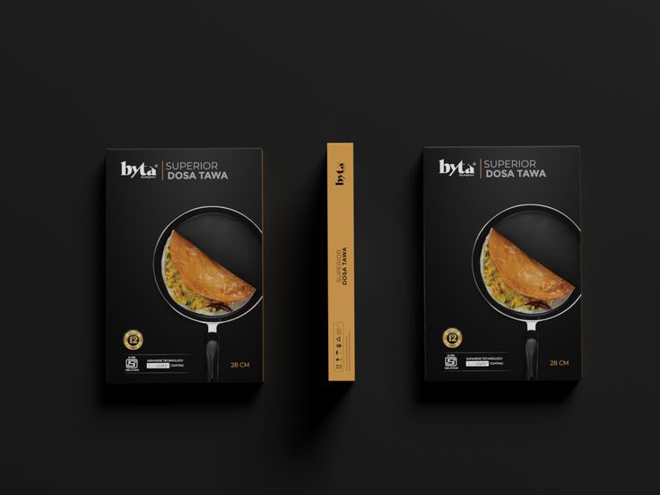 the packaging design for an electric frying pan is shown on a black surface with gold trimmings