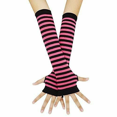 Black And Pink Arm Warmers, Emo Fingerless Gloves, Scene Arm Warmers, Scene Gloves, Emo Gloves, Striped Gloves, Pink Gloves, Alt Clothes, Catty Noir