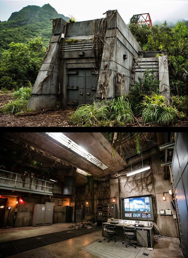 two pictures of an abandoned building in the woods, one has a tv on it