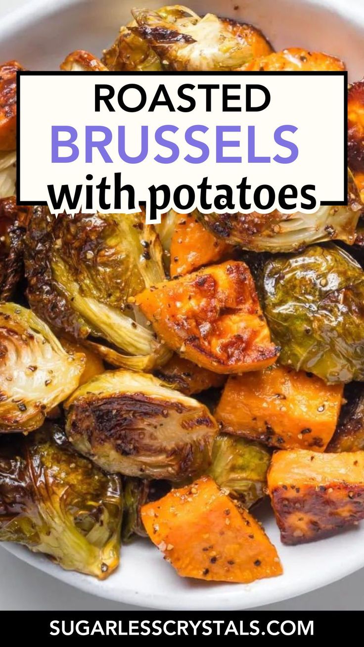 roasted brussel sprouts with potatoes in a white bowl