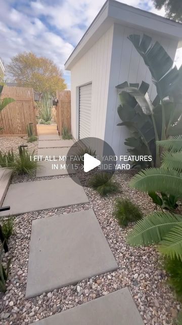 a backyard with gravel and plants in the foreground, next to a small shed