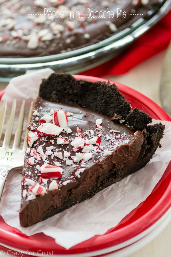 a slice of peppermint chocolate pie on a red plate