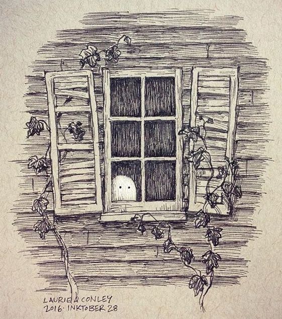 a drawing of an open window with vines growing out of it and the words laughin'while you sleep