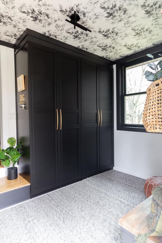 a room that has some black cabinets and a plant in the corner on the floor