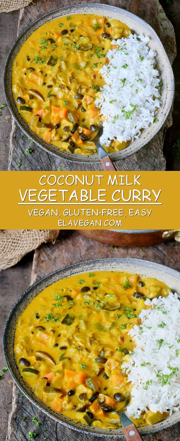 coconut milk vegetable curry in a bowl with rice on the side and an image of it