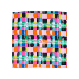 an orange, pink, and green plaid pattern on a white background with black stripes