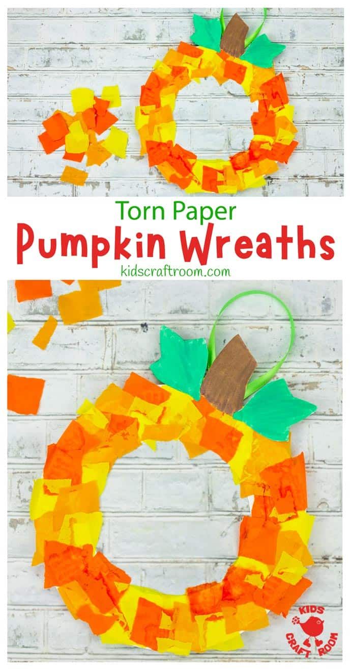 How to make a pretty pumpkin wreath from a paper plate and torn paper. Kindergarten Fall Crafts Art Projects, Prek Learning Crafts, Fall Crafts With Paper Plates, Halloween Wreath Craft For Kids, Crafts For Pre K Art Projects, October Art For Preschoolers, Pumpkin Wreath Preschool, First Day Of Fall School Activities, Thanksgiving Paper Plate Crafts