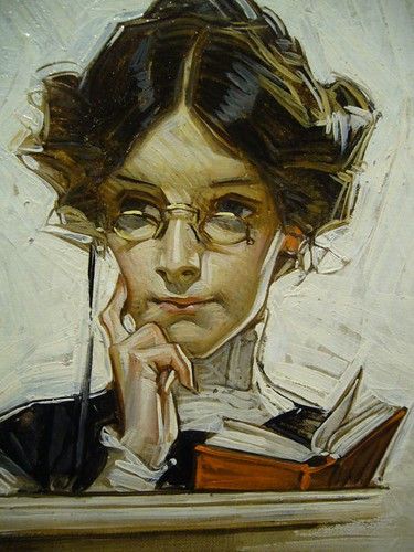 a painting of a woman with glasses and an umbrella over her head, holding a book