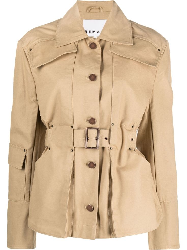 beige organic cotton/cotton blend stud detailing spread collar storm flaps long sleeves buttoned cuffs flap pocket on right sleeve front button fastenings adjustable belted waist straight hem loop at back Improve Soil Quality, Cargo Jacket, Trench Coats Women, Outfits Women, Workout Jacket, Fall Outfits Women, Manufacturing Process, Casual Jacket, Business Fashion