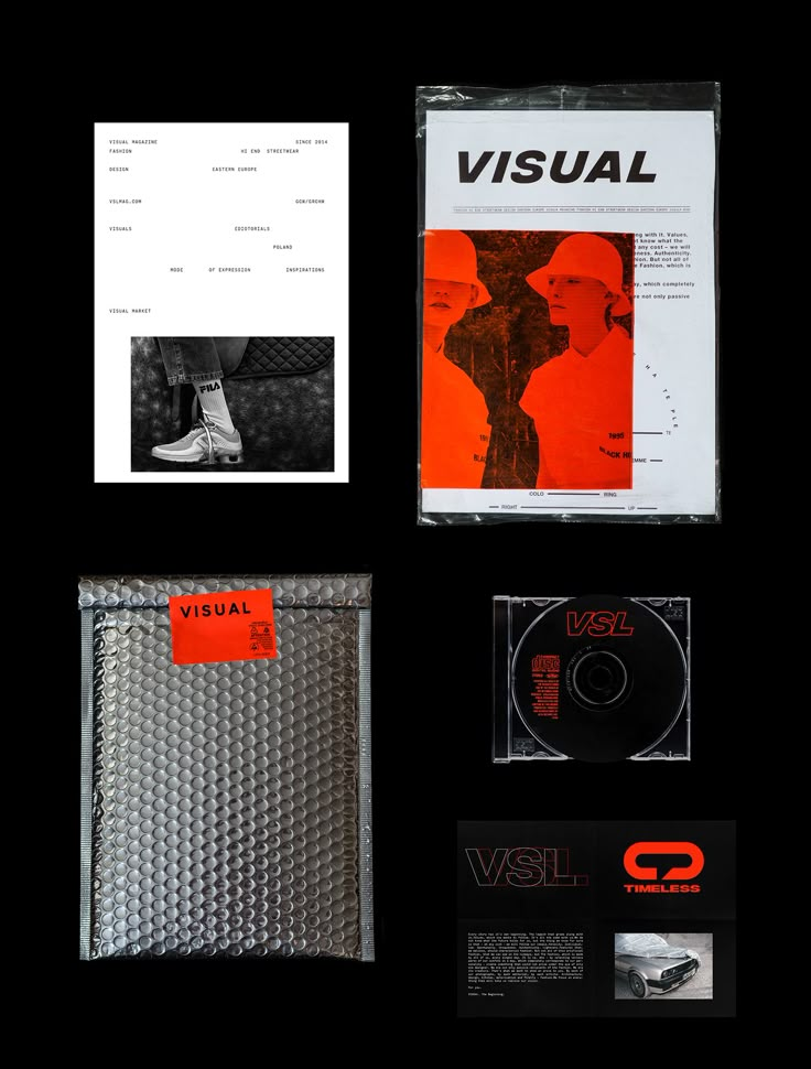 various items are displayed on a black background, including cd and manuals for visual