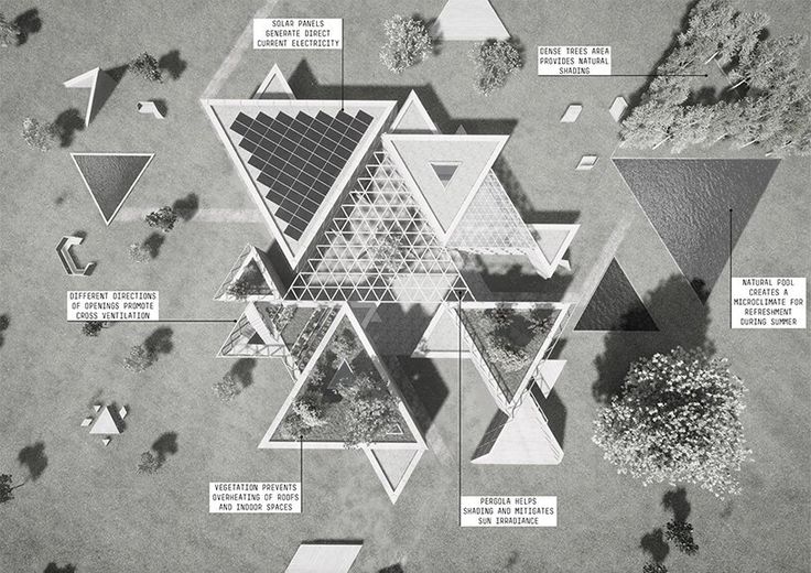 an aerial view of a building with many triangular shapes