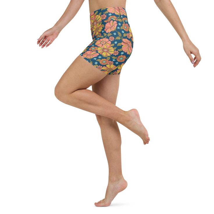 High-performance biker short swim bottoms from Berry Jane retro collection. Chlorine resistant, UPF 50+ protection. High-rise waist with a vibrant print for a look that's ready for the beach. • 82% polyester, 18% spandex • 4-way stretch fabric • Comfortable high waistband • Triangle-shaped gusset crotch • Flat seam and coverstitch Coverage: Biker short coverage Rise: High-waisted rise Inseam: 5.5" Inseam Outseam: 14" Outseam Print: Retro 70s Floral All-over print Size guide WAIST (inches) HIPS ( Retro Swim Trunks With Built-in Shorts, Fitted High-waisted Swim Trunks For Poolside, Fitted Short Leg Swimwear For Summer, Fitted Short-leg Swimwear For Summer, High Waist Biker Shorts With Built-in Shorts For Beach, Fitted Swim Trunks For Workout And Beach Season, Fitted Swim Trunks With Built-in Shorts For Surfing, Fitted High-waisted Athletic Shorts For Swimming, Fitted Summer Activewear With Built-in Shorts