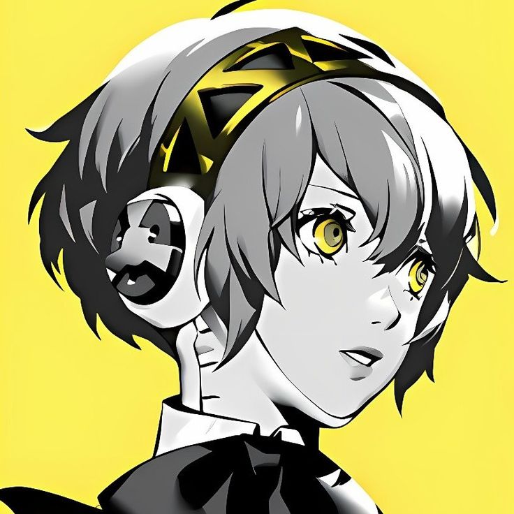 an anime character with yellow eyes and black hair, wearing headphones on her ears