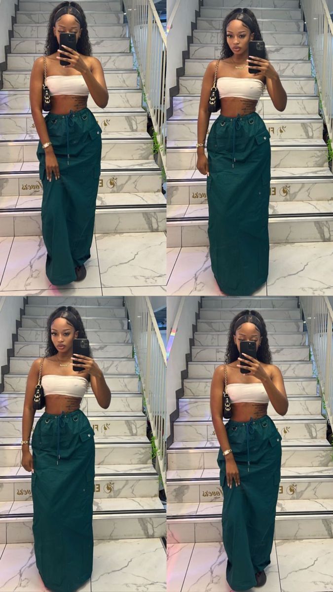 Long Green Skirt Outfit Black Women, Modest Outfits For Black Women, Cargo Maxi Skirt Outfit Black Women, Grey Cargo Skirt Outfit Black Women, Maxi Skirt Poses Photo Ideas, Green Cargo Skirt Outfit Black Women, Long Green Cargo Skirt Outfits, Green Maxi Dress Outfit Casual, Long Cargo Skirt Outfit Black Women