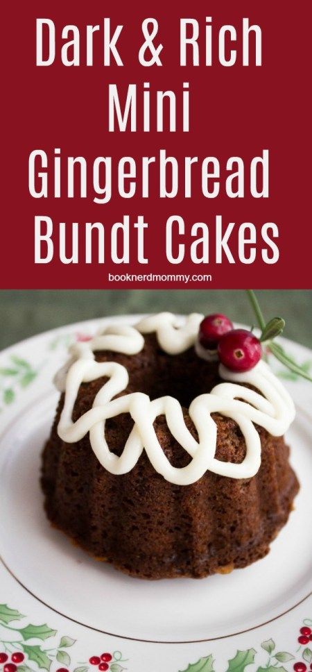 a chocolate bundt cake with white icing on top and the words dark & rich mini gingerbread bundt cakes above it