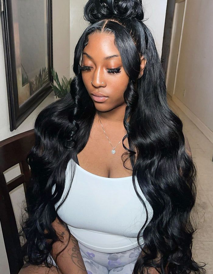 Body Wave Half Up Half Down Frontal, Frontal Styles Ideas Body Wave, Half Up Half Down Hair Prom Black Women, Hairstyles For Lace Front Wigs Straight, Wigs Half Up Half Down, Black Body Wave Wig Hairstyles, Homecoming Wig Hairstyles, Crimped Wig Hairstyles, Half Up Half Down Hair Black Women Prom